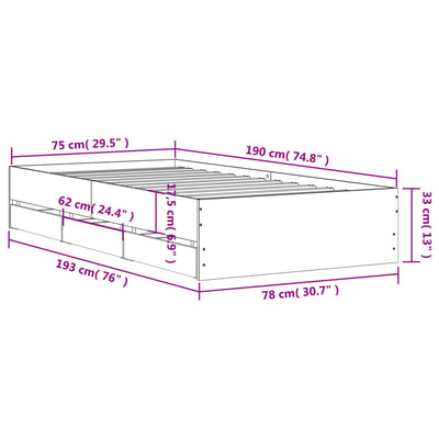 Sängynrunko laatikoilla betoninharmaa 75x190 cm tekninen puu
