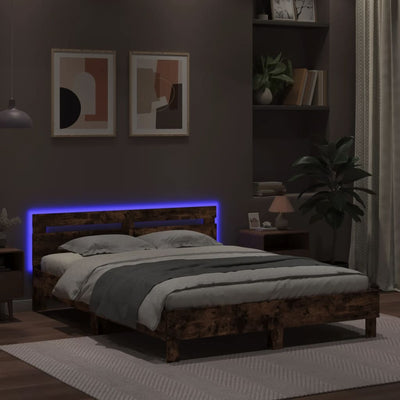 Sängynrunko päädyllä ja LED-valoilla ruskea tammi 140x190 cm
