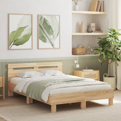Sängynrunko päädyllä ja LED-valoilla Sonoma-tammi 135x190 cm