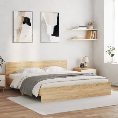 Sängynrunko päädyllä ja LED-valoilla Sonoma-tammi 180x200 cm