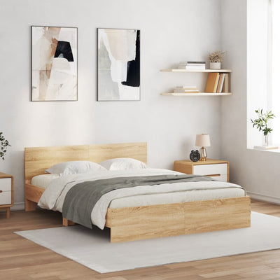 Sängynrunko päädyllä ja LED-valoilla Sonoma-tammi 160x200 cm