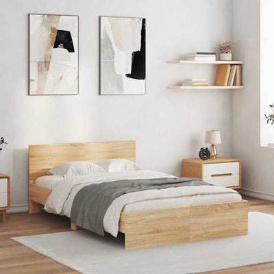 Sängynrunko päädyllä ja LED-valoilla Sonoma-tammi 120x200 cm