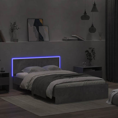 Sängynrunko päädyllä ja LED-valoilla betoninharmaa 120x200 cm