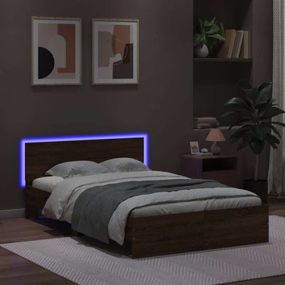 Sängynrunko päädyllä ja LED-valoilla ruskea tammi 140x190 cm