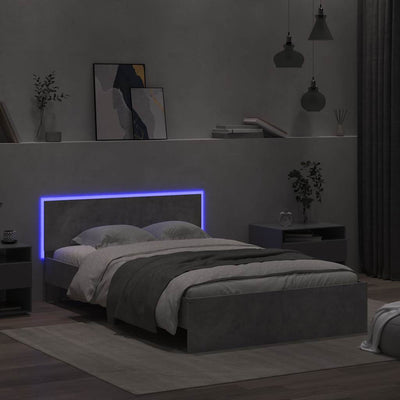 Sängynrunko päädyllä ja LED-valoilla betoninharmaa 135x190 cm
