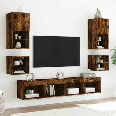 TV-seinäkaapit LED-valoilla 2 kpl savutammi 30x28,5x30 cm
