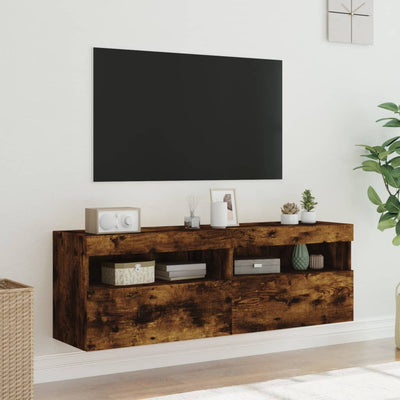 TV-seinäkaapit LED-valoilla 2 kpl savutammi 60x30x40 cm