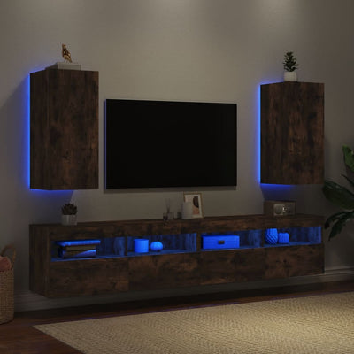 TV-seinäkaapit LED-valoilla 2 kpl savutammi 30,5x35x70 cm