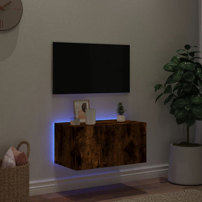 TV-seinäkaappi LED-valoilla savutammi 60x35x31 cm