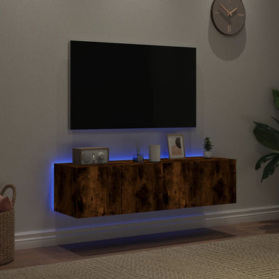 TV-seinäkaapit LED-valoilla 2 kpl savutammi 60x35x31 cm
