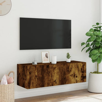 TV-seinäkaappi LED-valoilla savutammi 100x35x31 cm