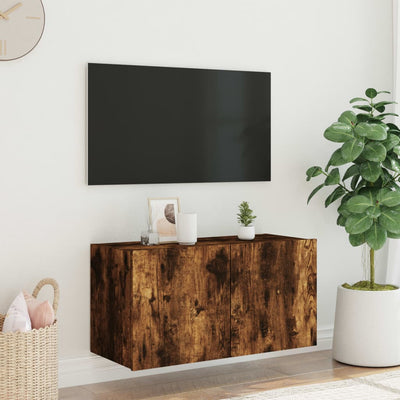 TV-seinäkaappi LED-valoilla savutammi 80x35x41 cm