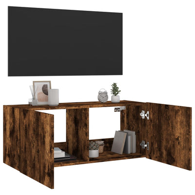 TV-seinäkaappi LED-valoilla savutammi 100x35x41 cm