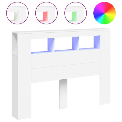 Sängynpääty LED-valoilla valk. 140x18,5x103,5 cm tekninen puu