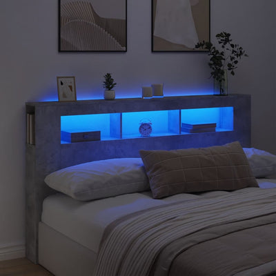 Betoninharmaa sängynpääty led-valoilla Dionisios 180x18,5x103,5cm (puu)