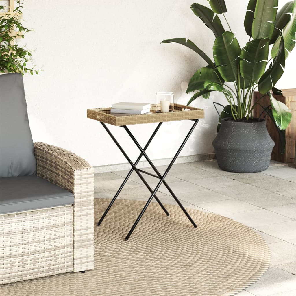 Beige kokoontaittuva tarjotinpöytä Eudora 65x40x75cm (polyrottinki)