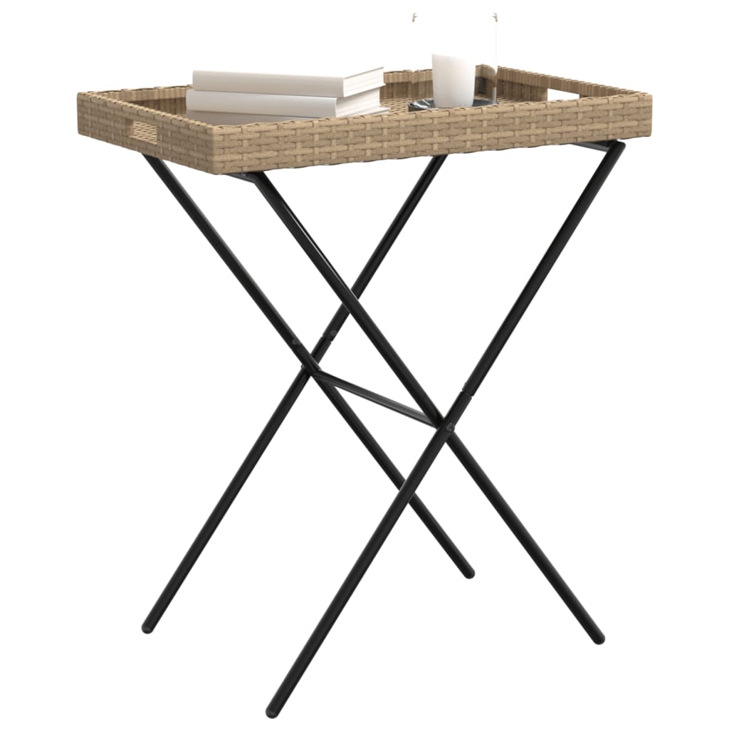 Beige kokoontaittuva tarjotinpöytä Eudora 65x40x75cm (polyrottinki)