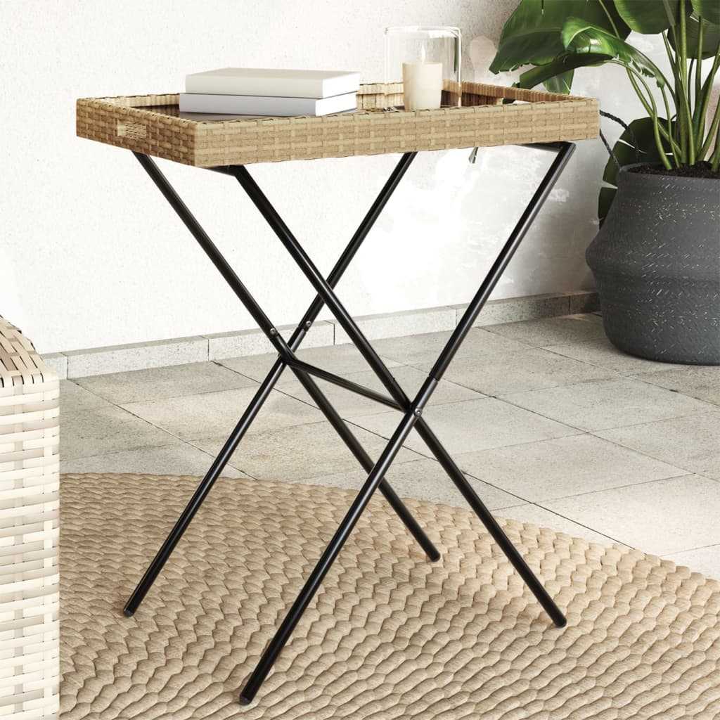 Beige kokoontaittuva tarjotinpöytä Eudora 65x40x75cm (polyrottinki)