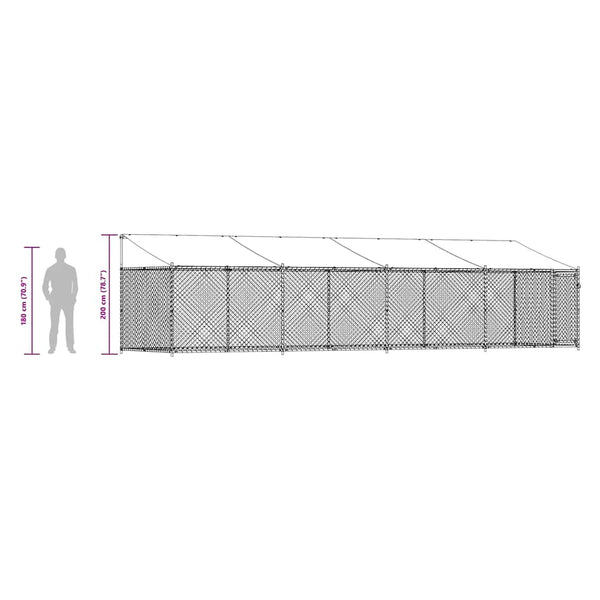 Koiranhäkki katolla ja ovella harmaa 8x2x2 m galvanoitu teräs