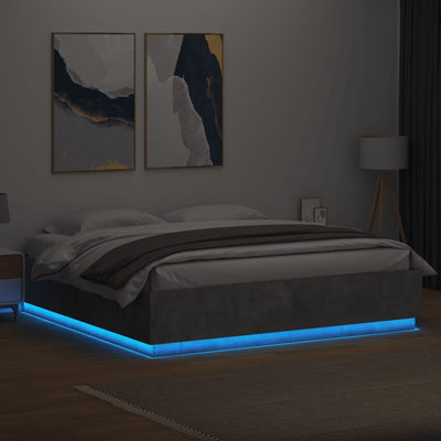 Sängynrunko LED-valoilla betoninharmaa 200x200 cm tekninen puu