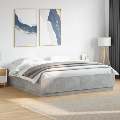 Sängynrunko LED-valoilla betoninharmaa 200x200 cm tekninen puu