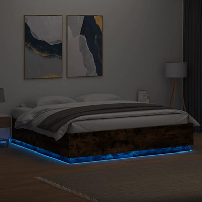 Sängynrunko LED-valoilla savutammi 200x200 cm tekninen puu