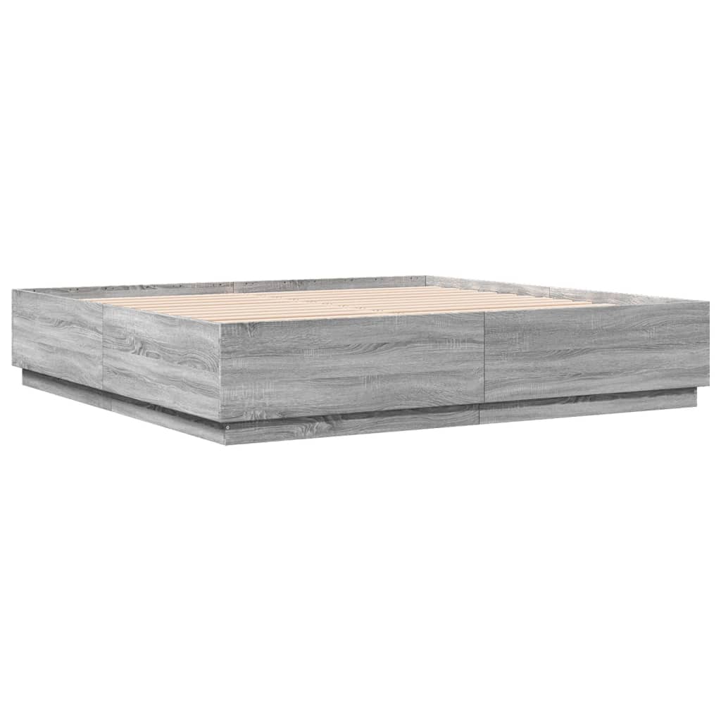 Harmaa sängynrunko Tonio 200x200cm (led-valoilla, sonoma, puinen)