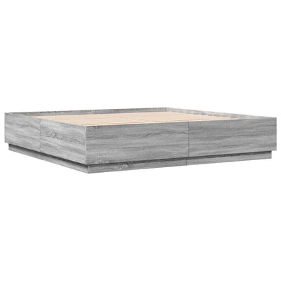 Sängynrunko LED-valoilla harmaa Sonoma 200x200 cm tekninen puu