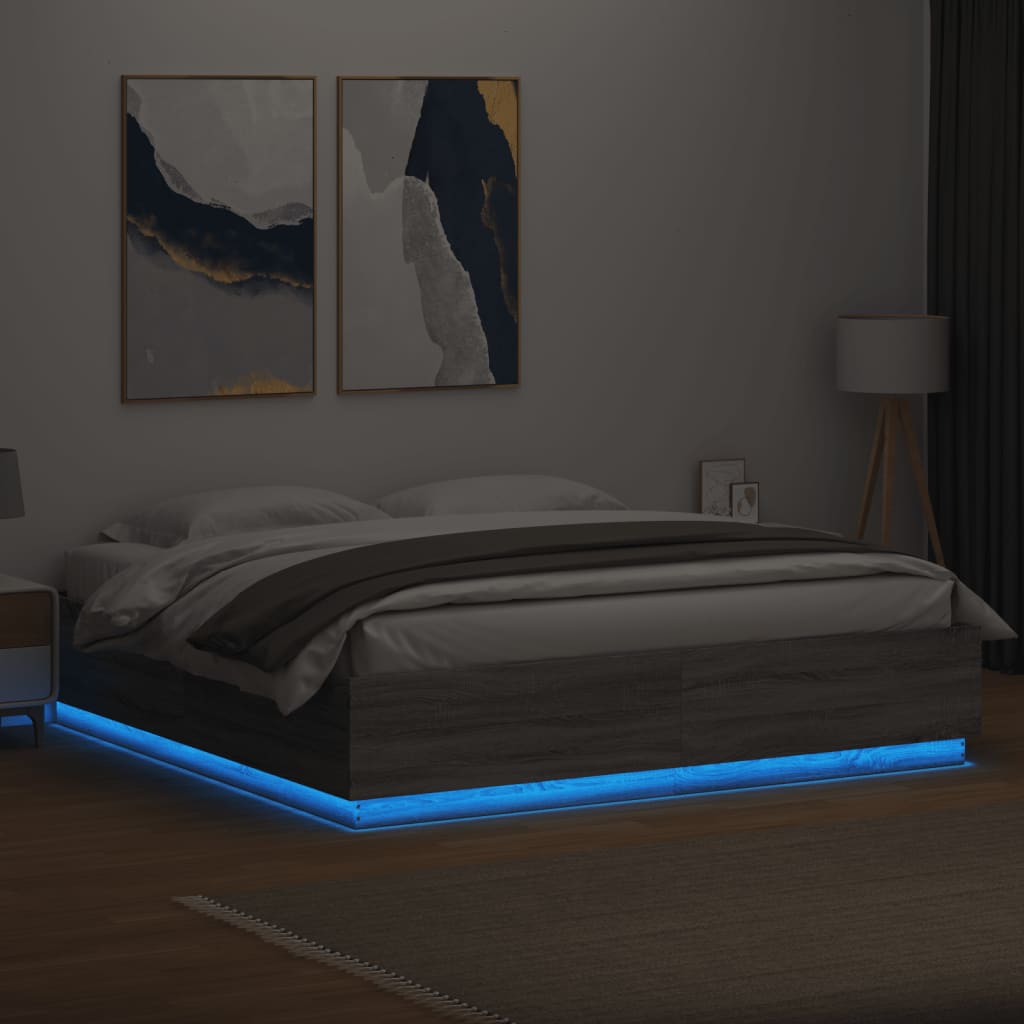 Harmaa sängynrunko Tonio 200x200cm (led-valoilla, sonoma, puinen)