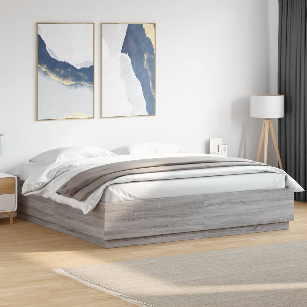 Harmaa sängynrunko Tonio 200x200cm (led-valoilla, sonoma, puinen)