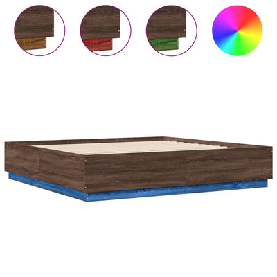 Sängynrunko LED-valoilla ruskea tammi 200x200 cm tekninen puu
