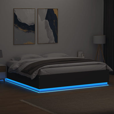 Sängynrunko LED-valoilla musta 180x200 cm tekninen puu