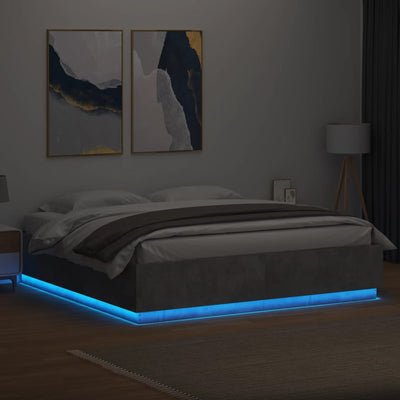 Sängynrunko LED-valoilla betoninharmaa 180x200 cm tekninen puu
