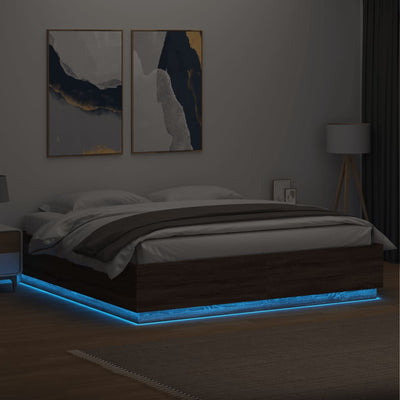 Sängynrunko LED-valoilla ruskea tammi 180x200 cm tekninen puu