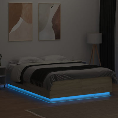 Sängynrunko LED-valoilla Sonoma-tammi 150x200 cm tekninen puu
