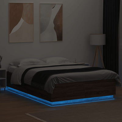 Sängynrunko LED-valoilla ruskea tammi 120x200 cm tekninen puu
