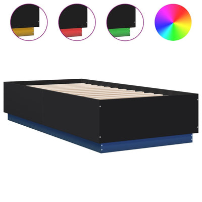 Sängynrunko LED-valoilla musta 90x200 cm täysi puu