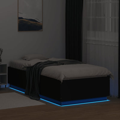 Sängynrunko LED-valoilla musta 90x200 cm täysi puu