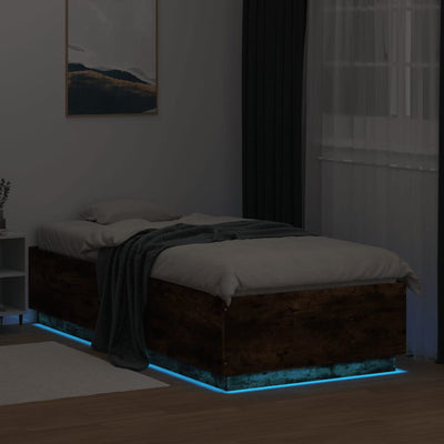 Sängynrunko LED-valoilla savutammi 90x200 cm tekninen puu