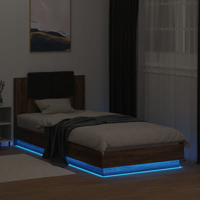 Sängynrunko päädyllä ja LED-valoilla ruskea tammi 100x200 cm