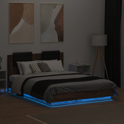 Sängynrunko päädyllä ja LED-valoilla ruskea tammi 135x190 cm