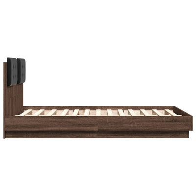 Sängynrunko päädyllä ja LED-valoilla ruskea tammi 135x190 cm