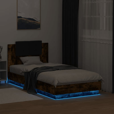 Sängynrunko päädyllä ja LED-valoilla savutammi 90x190 cm