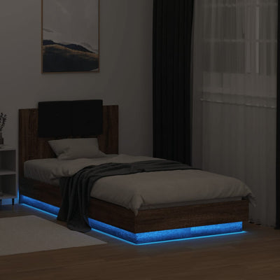 Sängynrunko päädyllä ja LED-valoilla ruskea tammi 90x190 cm