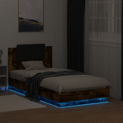 Sängynrunko päädyllä ja LED-valoilla savutammi 75x190 cm