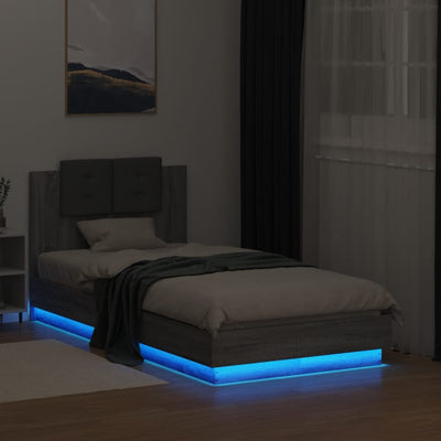 Sängynrunko päädyllä ja LED-valoilla harmaa Sonoma 75x190 cm
