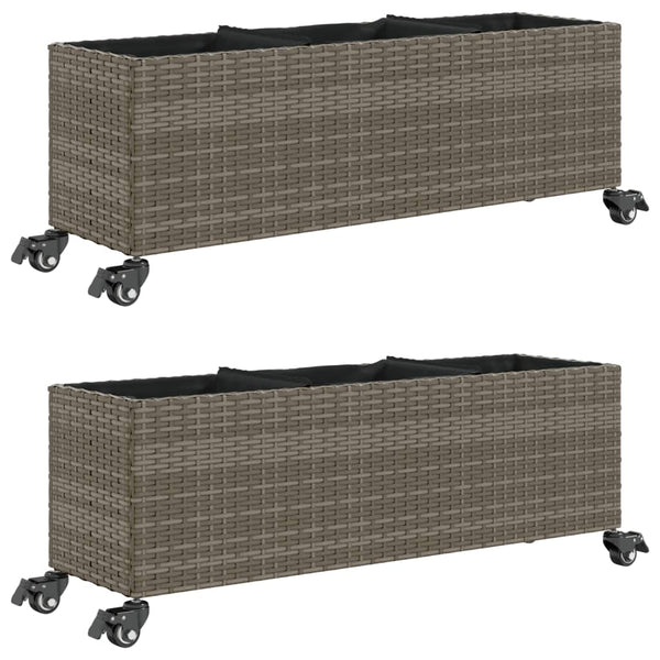 Kukkalaatikot pyörät/3 ruukkua 2 kpl 107x32x38 cm PE-rottinki