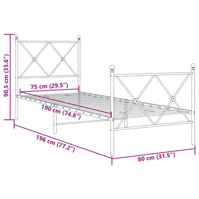 Valkoinen metallinen sängynrunko päädyillä Alfred 75x190cm