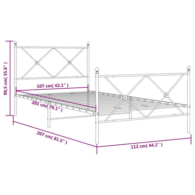 Valkoinen metallinen sängynrunko päädyillä Alfred 107x203cm
