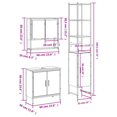 Harmaa kylpyhuoneen kalustesarja Minusia (3-osainen, sonoma puinen)